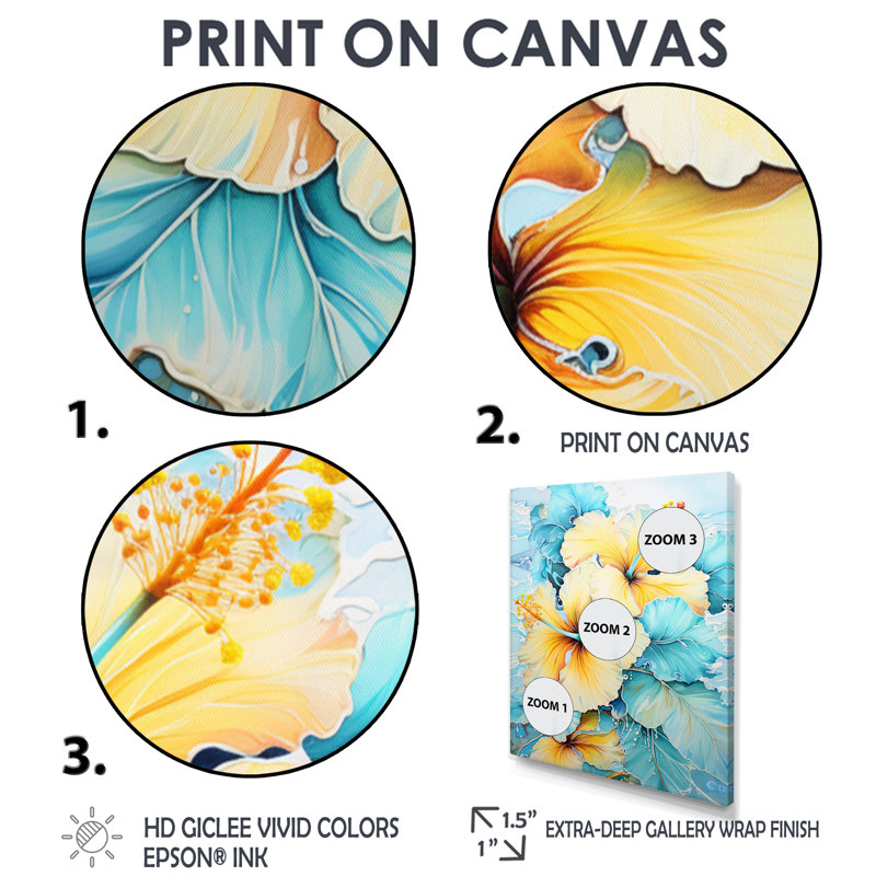 Hibiscus jaune sur fond bleu subtil - impression d'art mural hibiscus, Cadre flottant blanc, bois massif, H 40 po x l 30 po