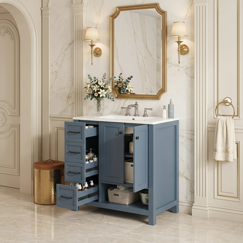 Ensemble de meuble-lavabo moderne de 30 po avec comptoir d'évier, meuble robuste en bois massif et en bois aggloméré, équipé de 2 portes d'armoire, de 2 tiroirs de rangement et d'une tablette ouverte, livré dans un seul paquet