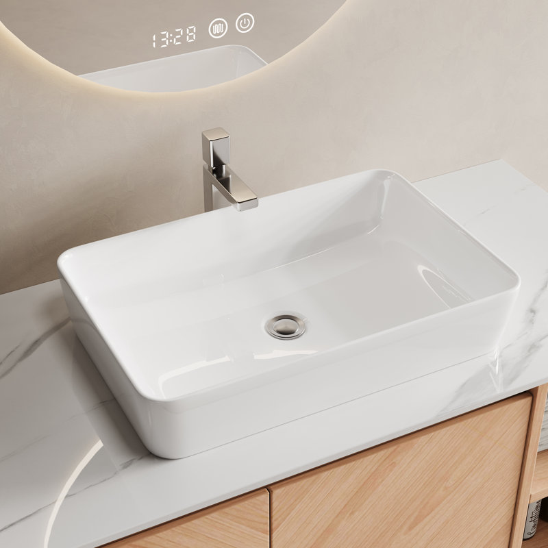 Lavabo vasque rectangulaire en céramique, H 4,33 po x L 19,7 po x l 13,4 po, pour trou de comptoir de 3,35 po