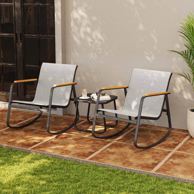 Ensemble de patio à bascule 3 pièces avec accoudoirs en bois massif et table basse