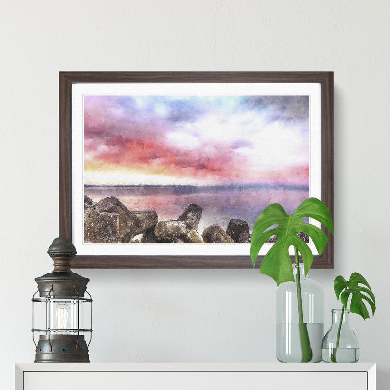 Pink Sunset over the Ocean - Picture Frame Graphic Art Print, 45cm H x 63cm W x 2cm D, Walnut