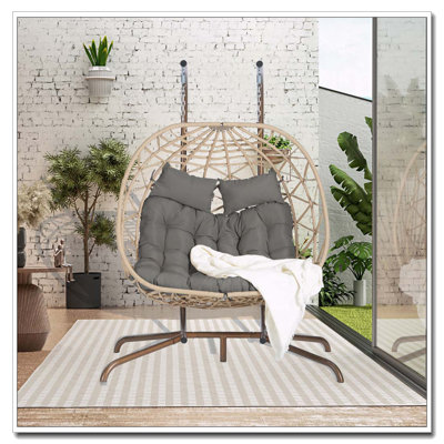 Fauteuil double suspendu avec support et coussins résistants aux rayons UV, gris foncé