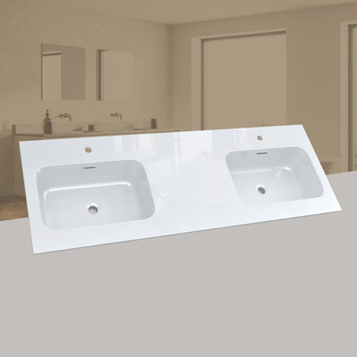 60 Inch Solid Surface Double Sink Vanity Top, Slim 0.56" Thick Countertop, Bright White Modern Design, Lightweight & Easy Install