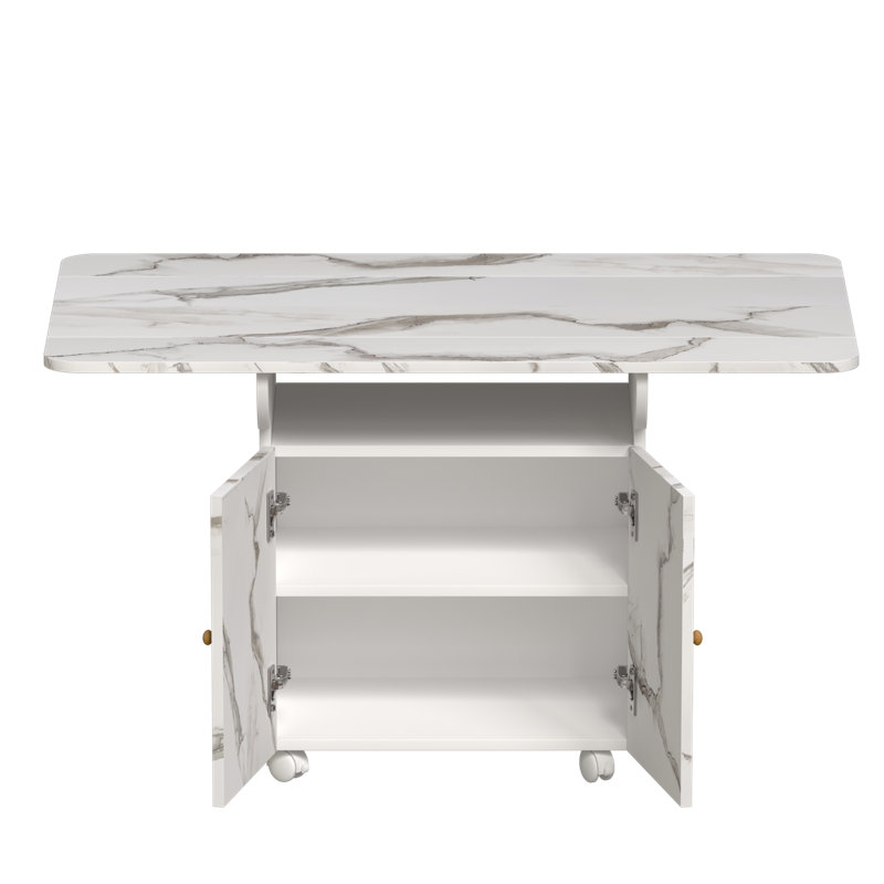 Table à manger pliante en bois: support de rangement, armoire, 6 roulettes, aspect marbre blanc, îlot de cuisine polyvalent et table d'appoint