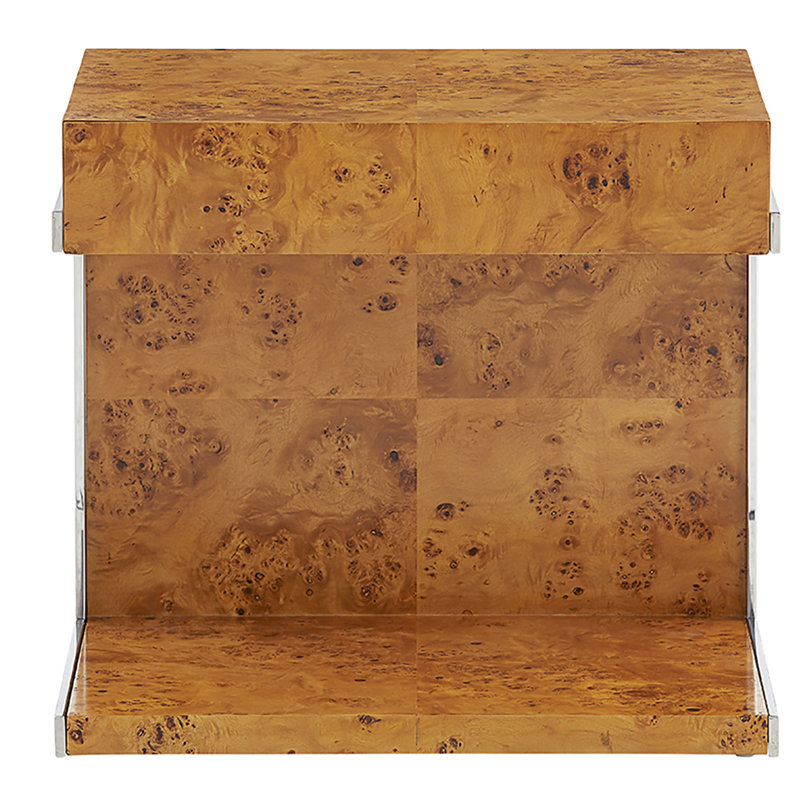 Burled Mappa Wood and Stainless Steel Cantilevered Side Table with Storage