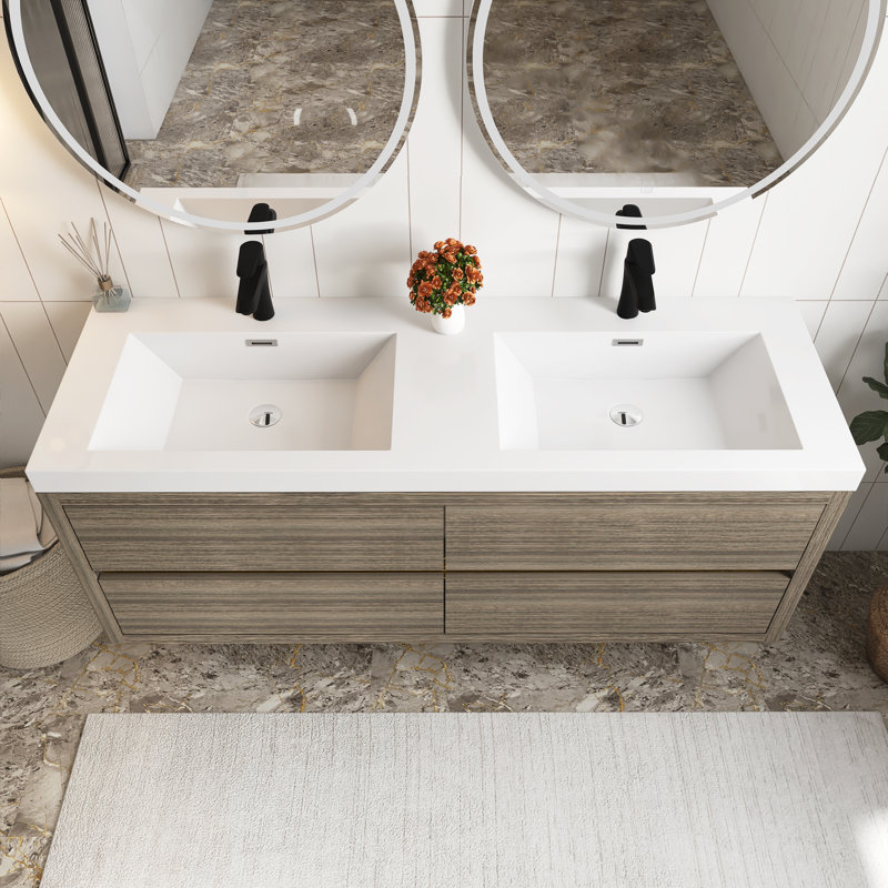 Meuble-lavabo mural 60 po avec lavabo, Bois de frêne gris