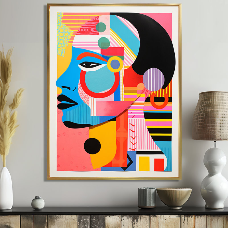 «Afro American Colorful Retro Collage I - Abstract Portraits», art mural, Cadre flottant doré, H 44 po x l 34 po x P 1,5 po