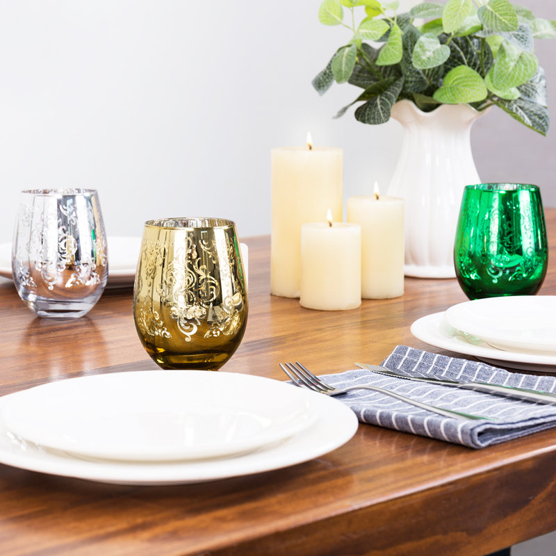 Festive Multicolor Stemless Wine Glass Set with Baroque Pattern, 16 oz Capacity