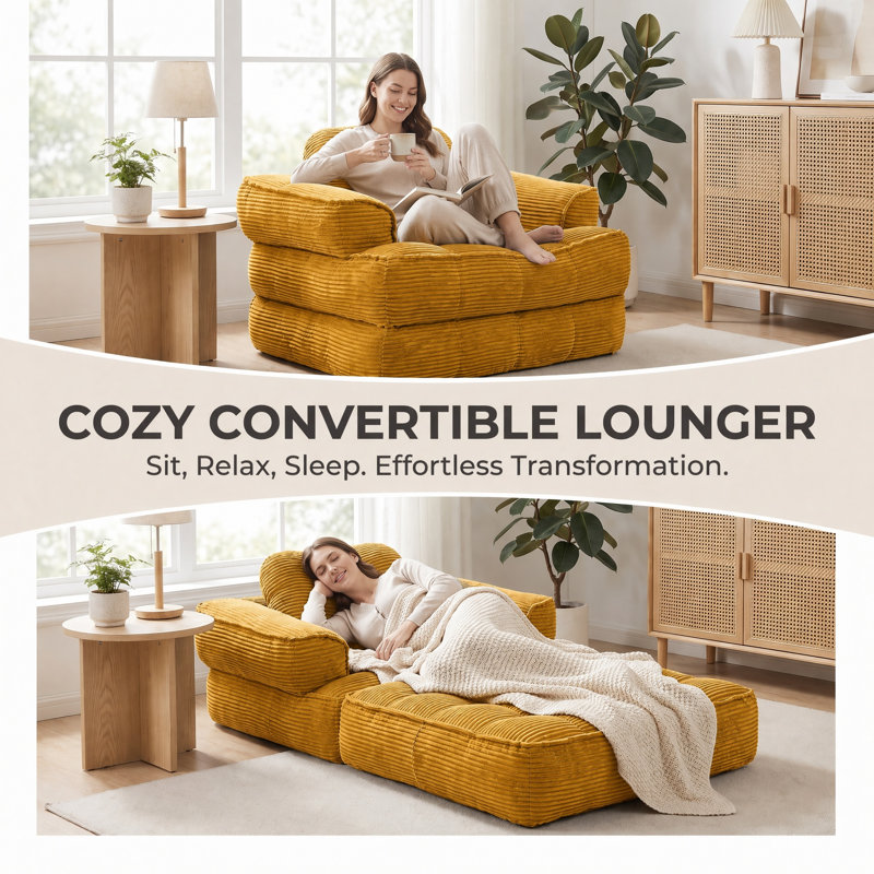 Canapé à billes en velours côtelé 35,43 pouces, canapé-lit pliant avec accoudoirs et coussins, lit pliant portatif convertible 2-en-1 pour chambre de salle de jeux