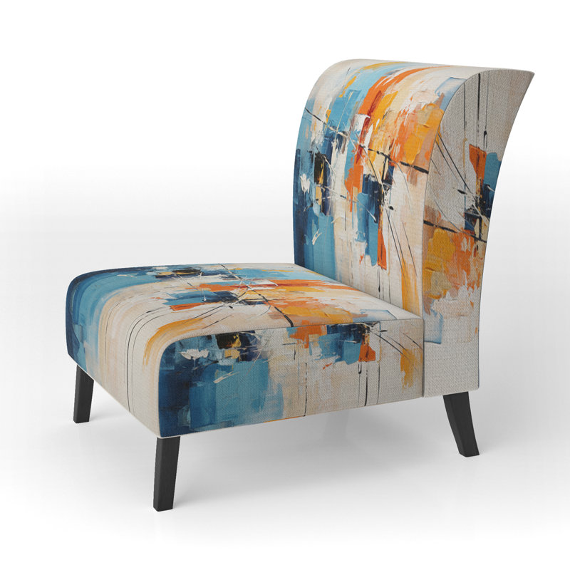 Paper Euphoria I - Upholstered Contemporary Slipper Chair, Orange Accent Chair, Blue/Yellow/Gray