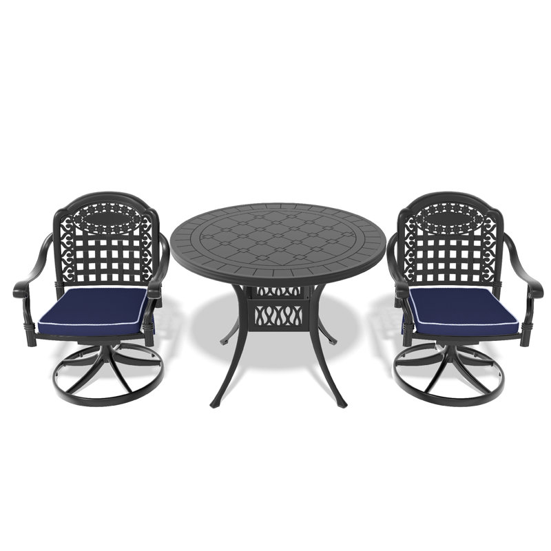 Ensemble de salle à manger 3 pièces en aluminium coulé toutes saisons comprenant 2 chaises pivotantes et une table ronde de 39,37 po avec structure noire