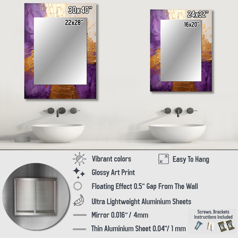Gold And Purple Lunar Vector I - Abstract Painting Large Mirror, Modern Decorative Wall Mirror, Printed Metal Art, 32" x 24"