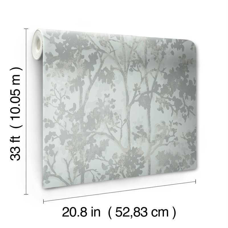 Shimmering Foliage Floral Metallic Wallpaper Roll, Green/Silver