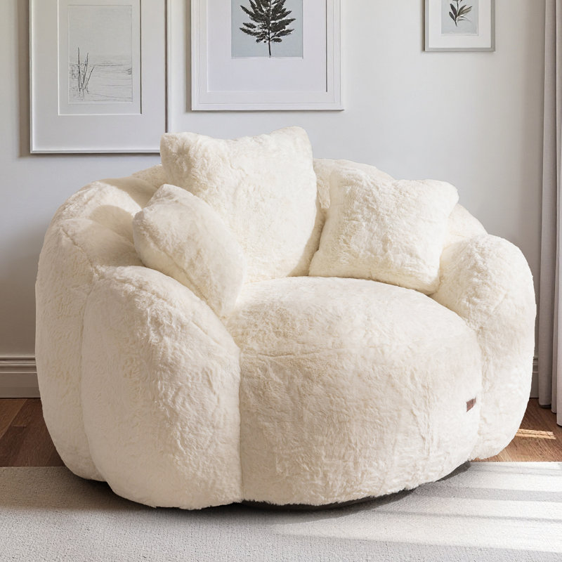 Oversized Floral Shaped Bean Bag Chair with 3 Pillows, Beige Faux Fur