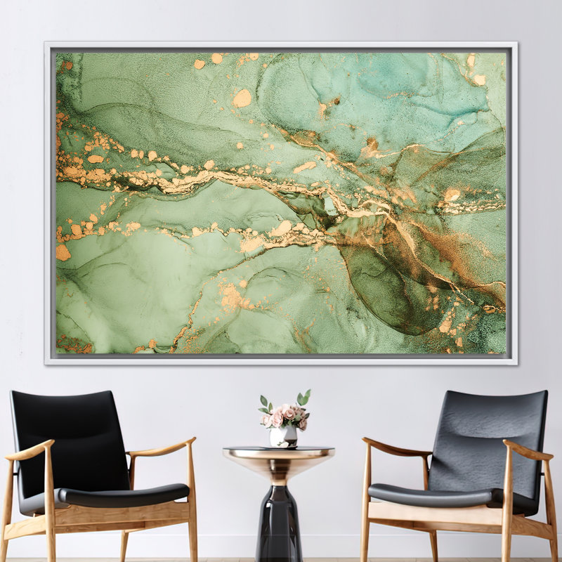 Décoration murale en marbre vert et or de luxe: art moderne, encre alcoolisée sur toile, H 10 po x l 14 po, Blanc