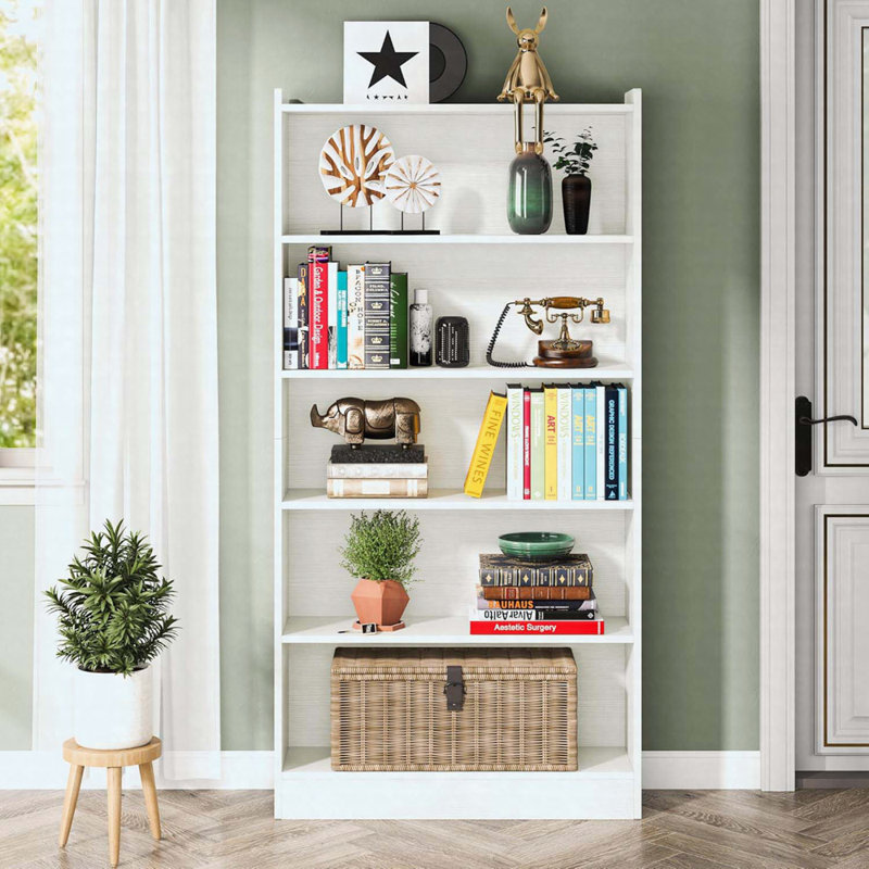 Bibliothèque 70,87 "moderne à 6 niveaux avec système de rangement, Blanc