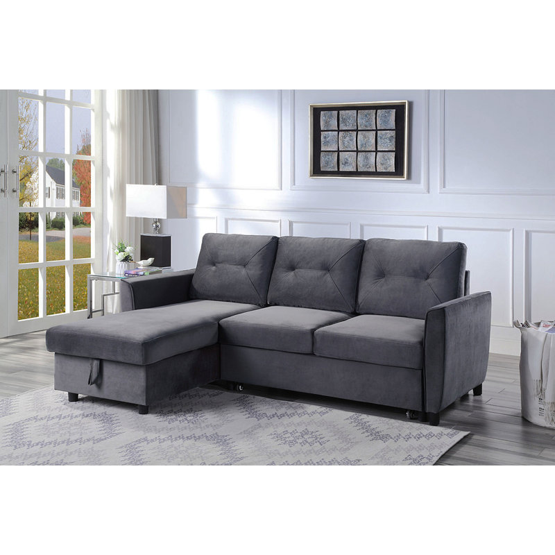 Hudson 83" Dark Gray Velvet Reversible Sleeper Sectional Sofa With Storage Chaise