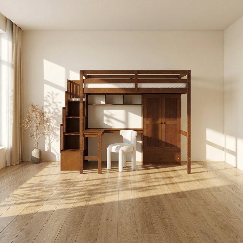 Lit mezzanine double en bois de pin avec bureau et garde-robe Inspirit l 94,4 po x P 57,4 po x H 72,0 po