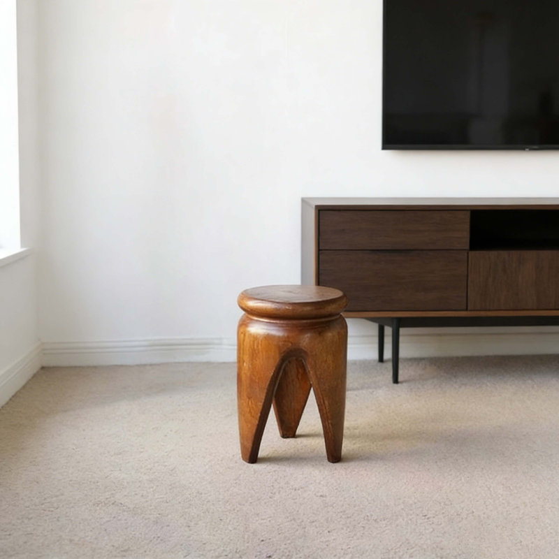 Mid Century Modern Carved Wood Side Table, 16.5" Tall Paulownia Wood Accent Table For Bedroom & Living Room