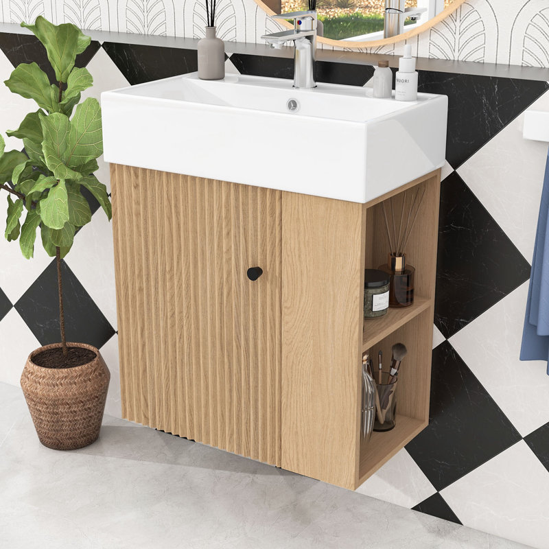 Meuble-lavabo de salle de bain avec lavabo en céramique et rangement sur le côté droit