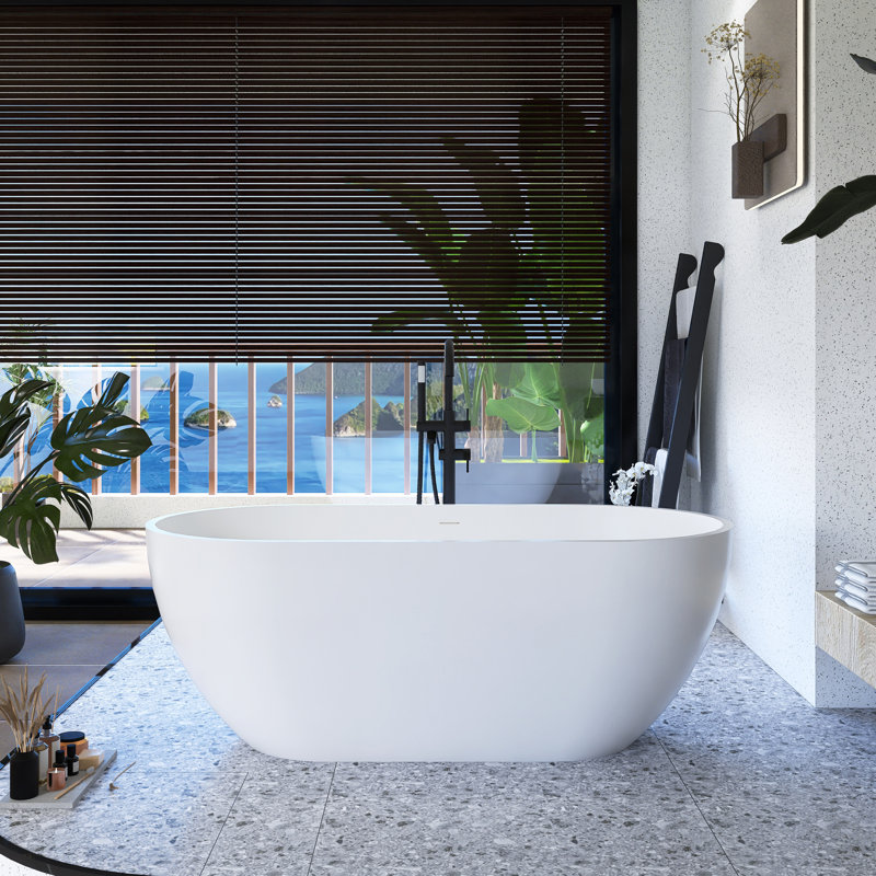 59" Solid Surface Freestanding Soaking Bathtub in Matte White