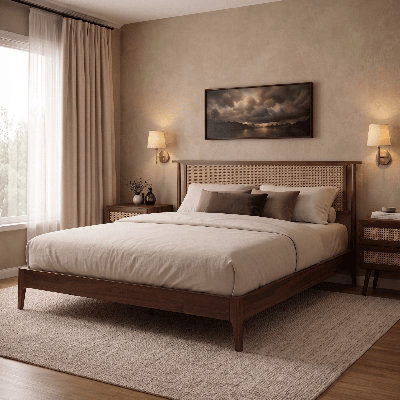 NTC Ruby Solid Wood Platform Bed with Natural Rattan Headboard and Silent Slats, Mid-Century Modern Style, 1000 Lb Capacity, No Box Spring Needed, Effortless Assembly Rattan Walnut