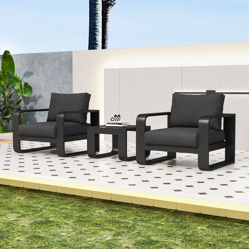 Obinna 3-Piece Outdoor Conversation Set with Removable Cushions and Tempered Glass Coffee Table