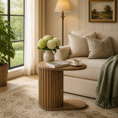 23.62" Fluted C-Shaped End Table with Oval Top, Narrow Side Table for Couch