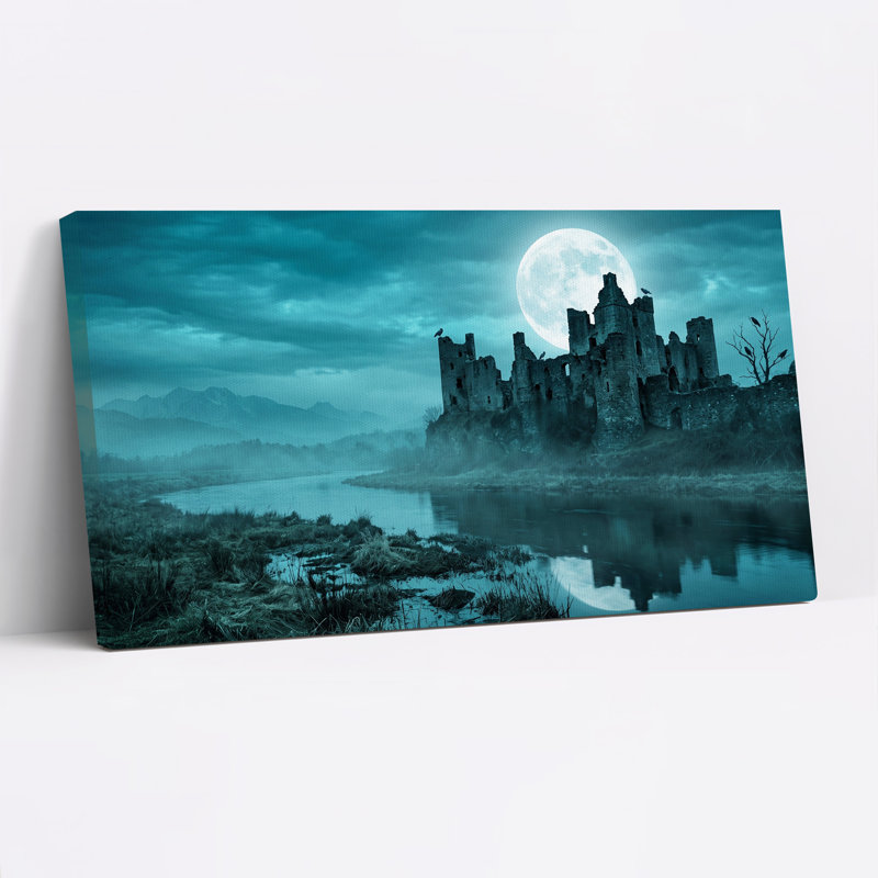 Art mural sur toile, "Ruined Castle Under Full Moon Blue River", L 40 po x H 20 po