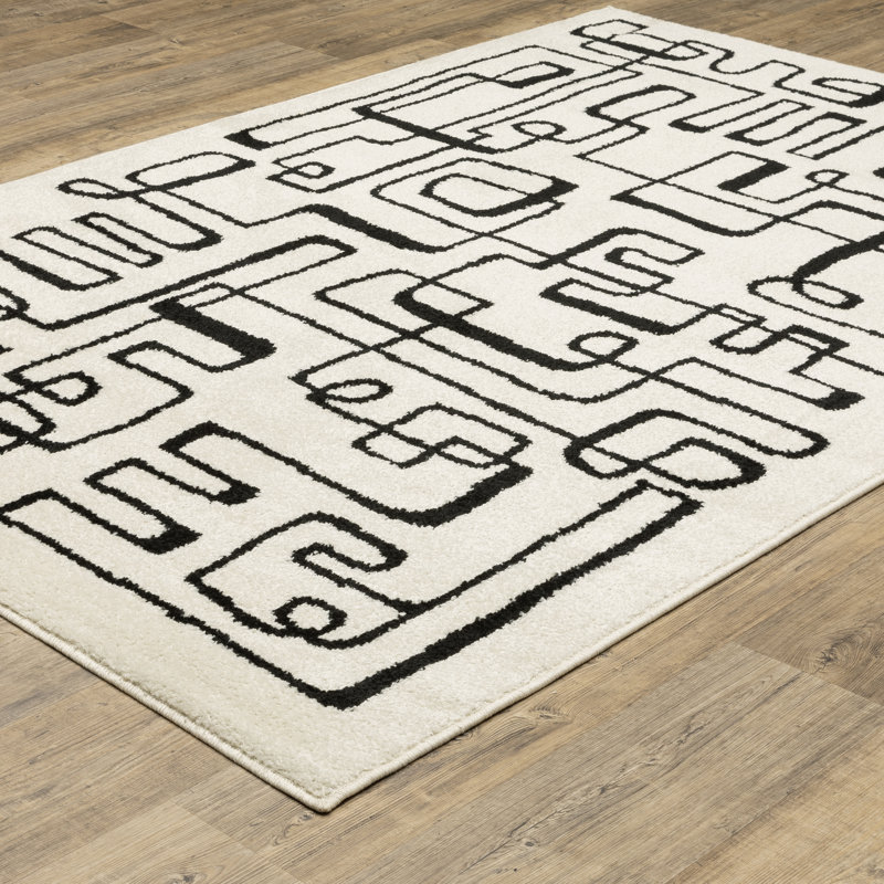 Hennings Mid-Century Modern Beige/ Black Area Rug, Rectangle 7'10" x 10'