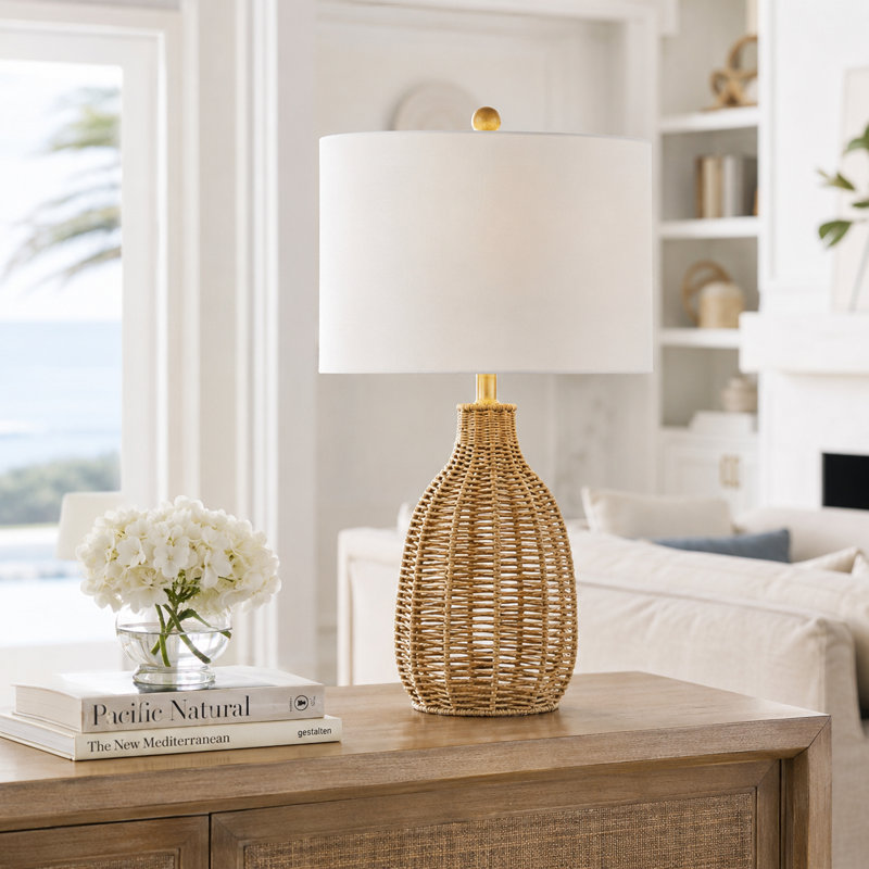25" Coastal Farmhouse Handwoven Rope Rattan Table Lamp with Soft Lighting