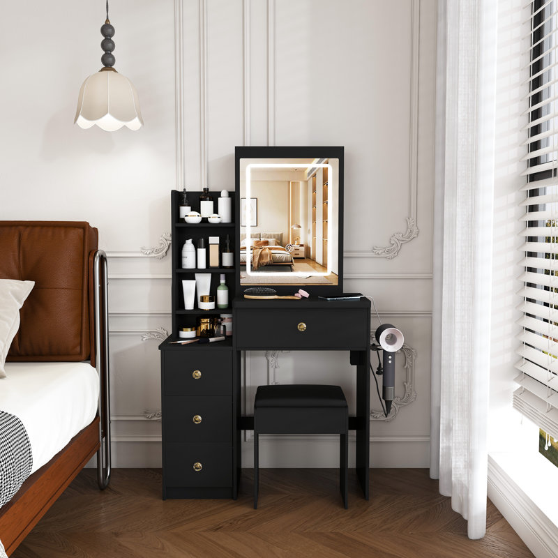 Ensemble de meuble-lavabo moderne avec miroir à DEL 3 couleurs, prise de courant et tabouret, noir