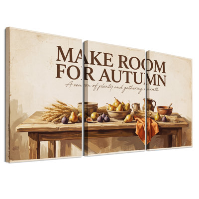 Ensemble de 3 toiles murales représentant des poires et du blé récoltés sur une table en bois