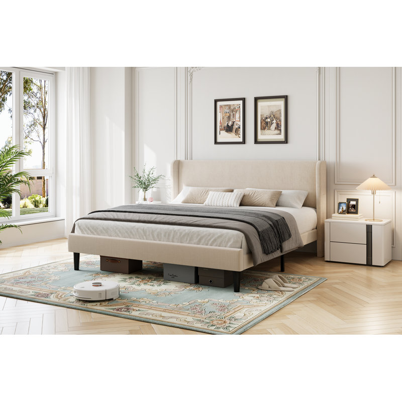 Structure de lit avec tête de lit, lit plateforme tapissier moderne en tissu de lin, sommier, Beige, Très grand