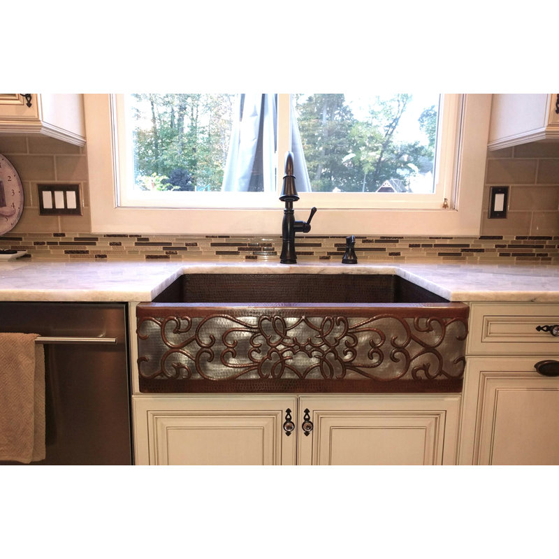 33" Hammered Copper Apron Front Single Basin Kitchen Sink w/ Scroll Design and Nickel Background