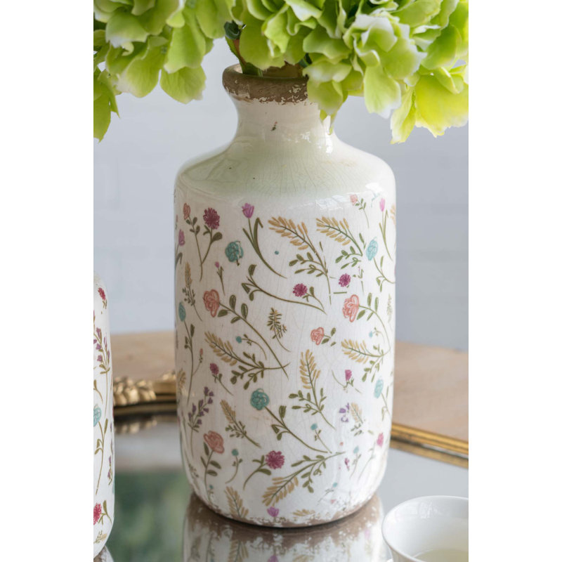 Vase en céramique avec motifs floraux multicolores, 10.6" H x 5.3" W x 5.3" D