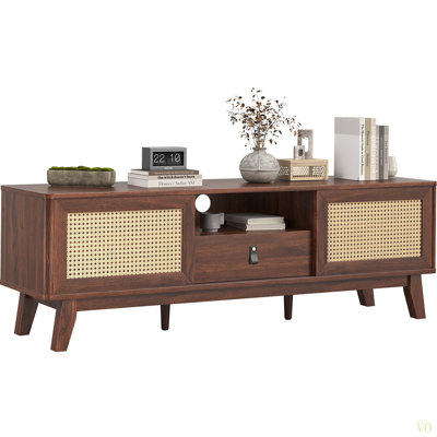 Rattan TV Stand For Tvs, Wood TV Stand Mid Century Modern TV Stand TV Media Console With Drawer And 2 Cabinets, Boho Entertainment Center For Living Room