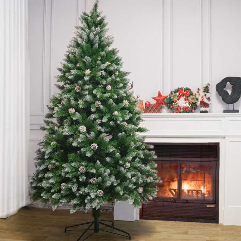 White Sprayed Christmas Tree With Pinecones, 7FT, Not Pre-Lit