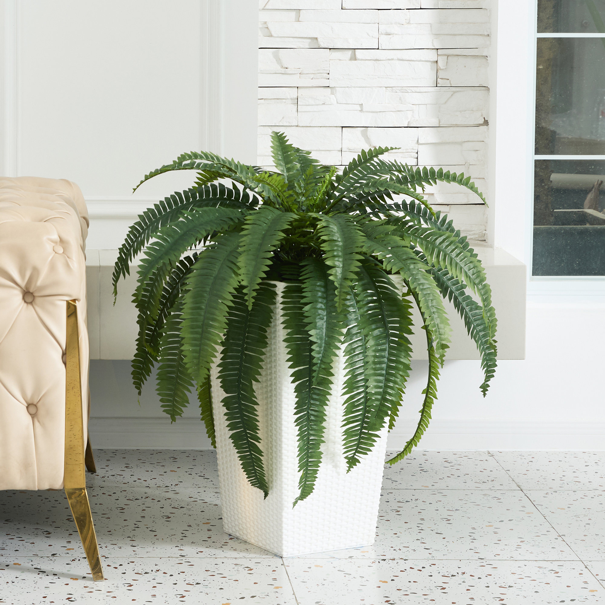 Adcock Artificial Boston Fern Bush Plant with Tapered Planter - UV Resistant Faux Ferns with 39 Leaves, White, 1
