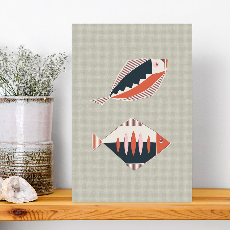 Art contemporain abstrait contemporain, poisson rétro, H 12 po x l 8 po, Beige