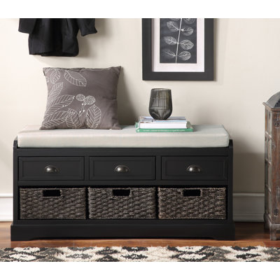 Pryvia Vintage Storage Bench with Three Drawers, Three Baskets, and Comfortable Cushioned Seat