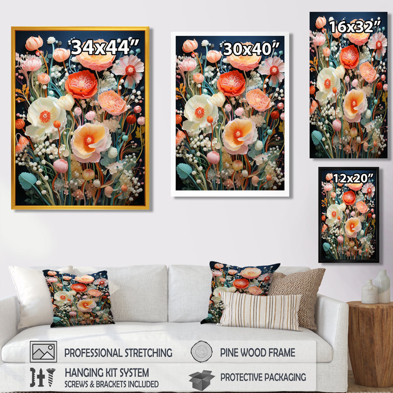 «Blossoming Spring Flowers - Wildflowers», reproduction d'art murale, H 20 po x l 12 po x P 1 po, Toile tendue