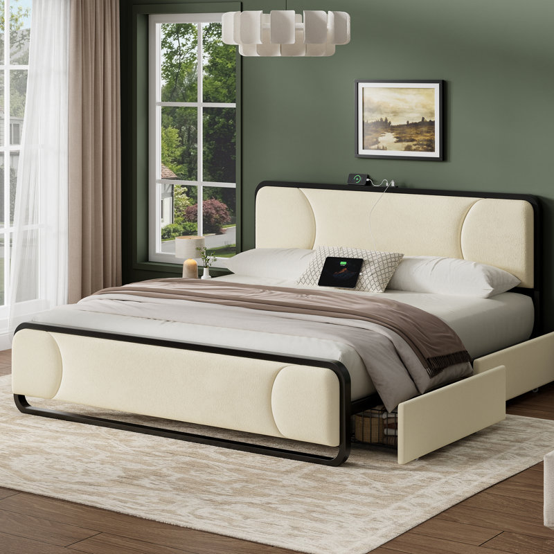 Dorrough Velvet Tufted Storage Platform Bed, Queen, Beige