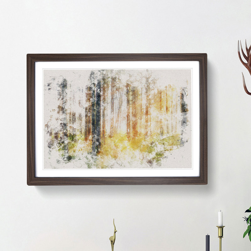 Rays of Light Through an Autumn Forest Watercolour - Picture Frame Graphic Art Print, 45cm H x 63cm W x 2cm D, Walnut Framed