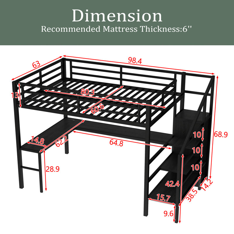 Grand lit mezzanine avec bureau en L et port USB, lit mezzanine en métal avec garde-robe et tablette réglable, lit mezzanine haut avec DEL pour enfants, adolescents, adultes