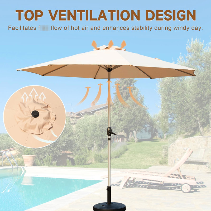 Parasol de patio 9 pi - protégé, eau, 8 nervures, pour jardin, terrasse, cour, piscine beige imperméable, cadre solide avec manivelle,