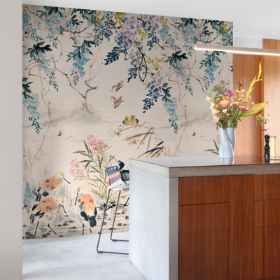 Orom II Collection Blue Leaf and Bird 62.5-inches wide x 9.18-feet high 3-panel Wall Mural