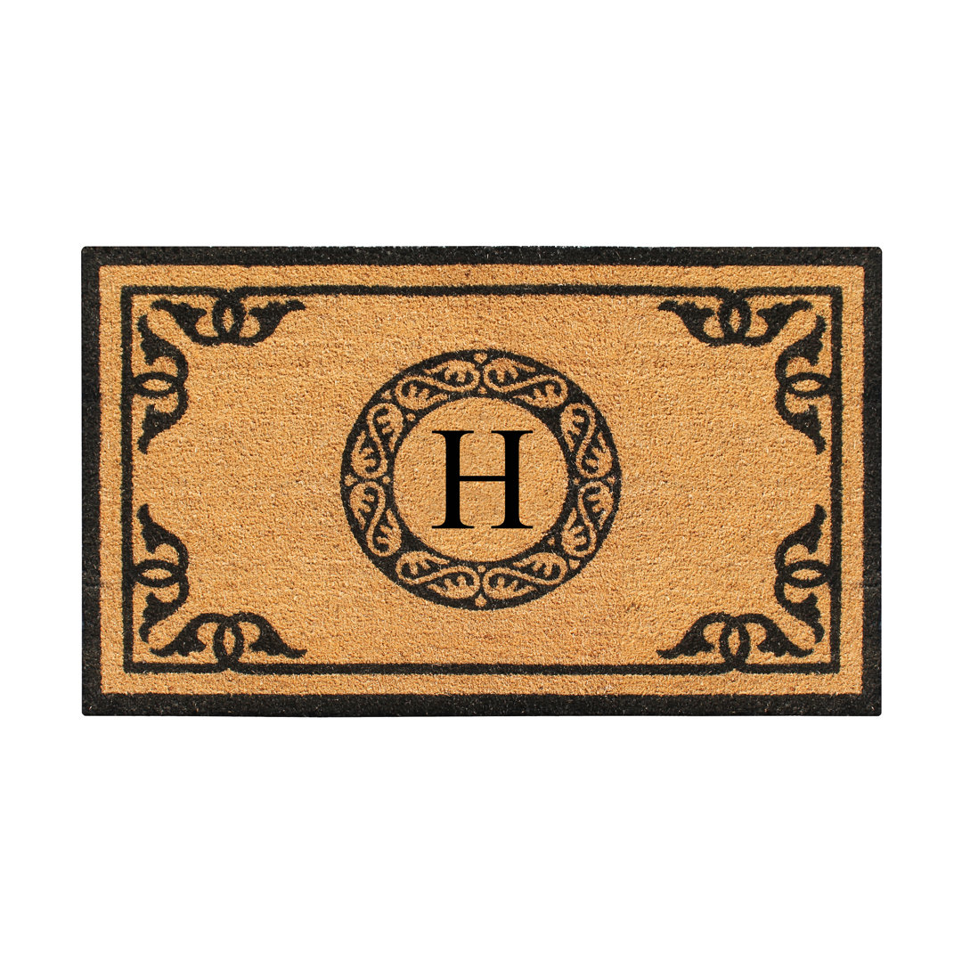 Albertina Natural Coir and PVC backing Hand Crafted by Artisans Geneva Monogrammed Floral Entry Doormat 24" x 39" Darby Home Co 