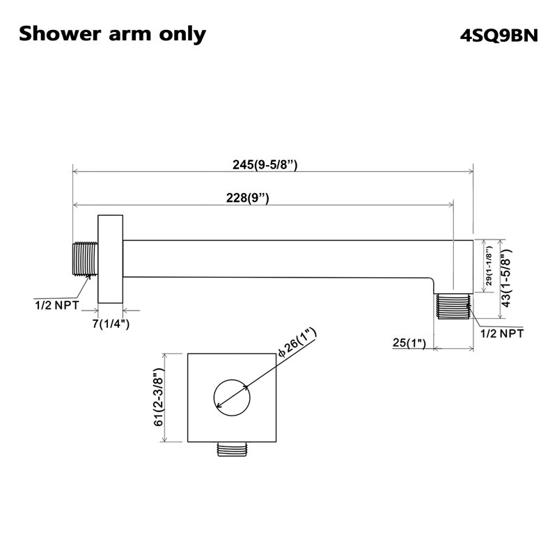 9"  Metal Square Shower Arm,Brushed Nickel