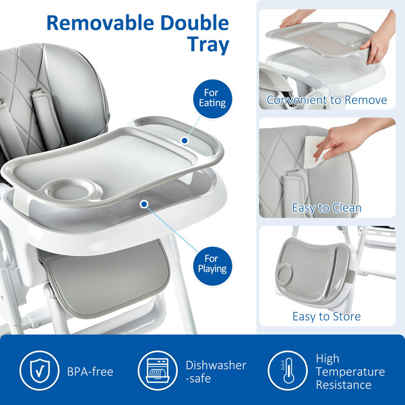 Chaise haute pliable pour bébé - Hauteur réglable et dossier inclinable - Plateau double amovible - Facile à nettoyer - Siège multifonctionnel pour bébés et tout-petits de 6 à 36 mois - Gris clair